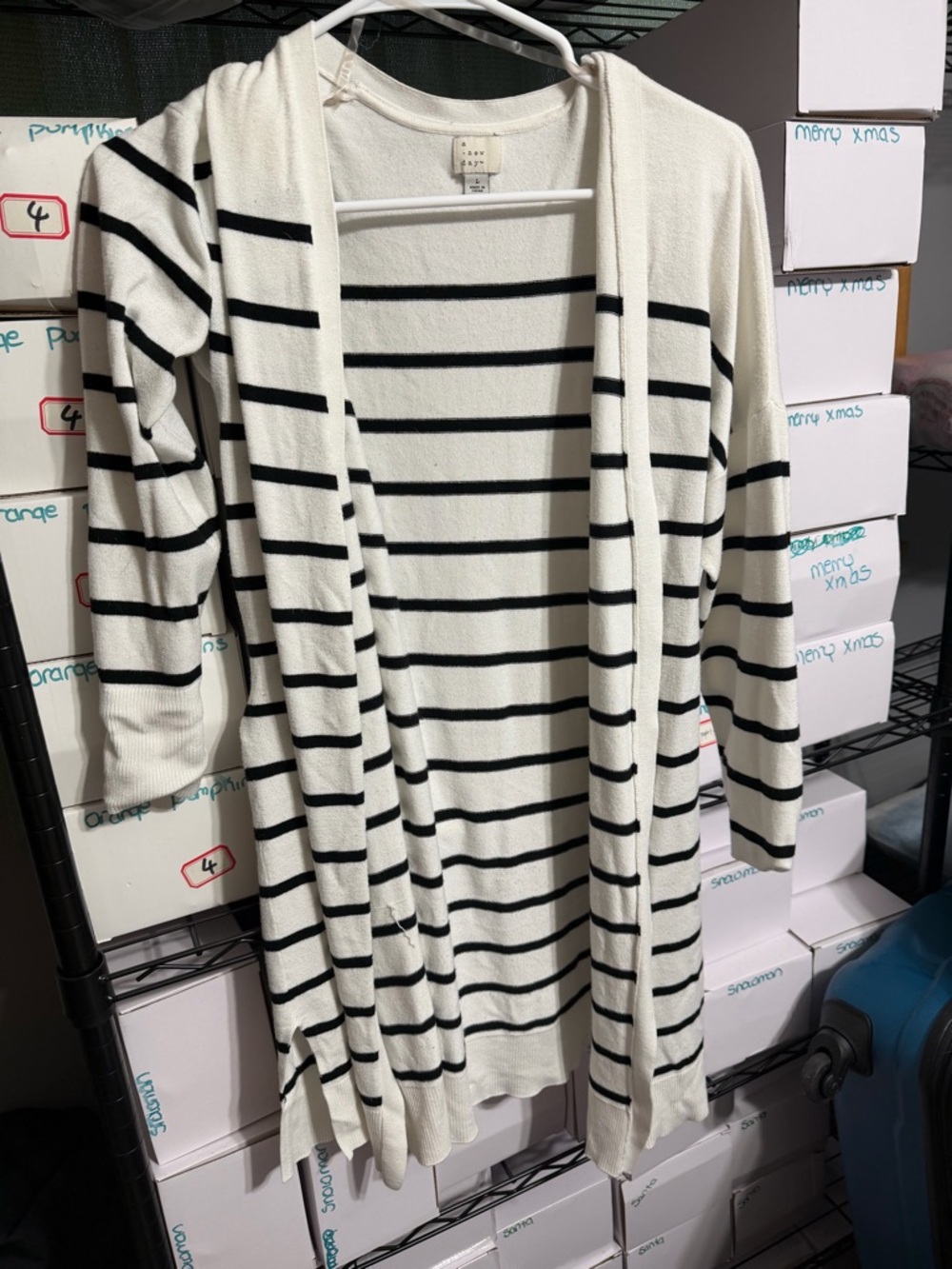 a new day Cream and Black Striped Open-Front Cardigan - does have piling
